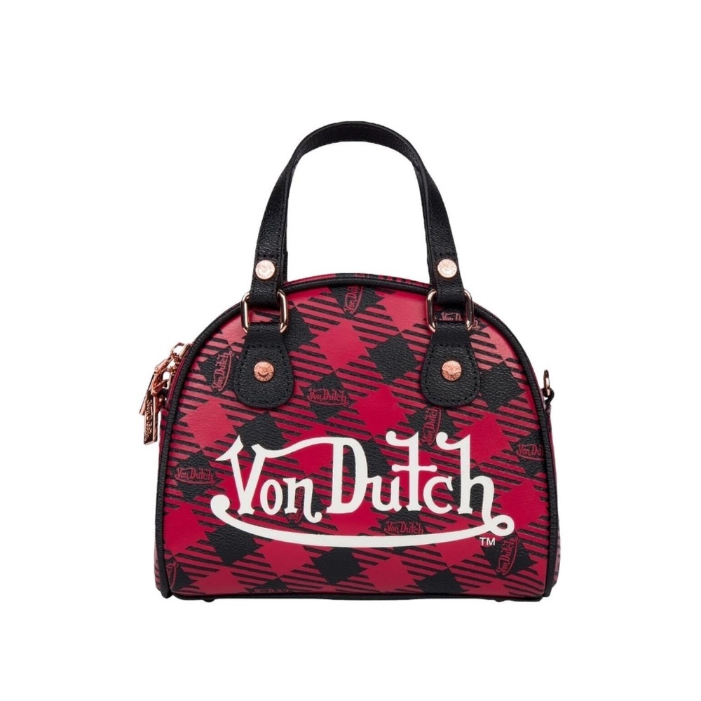 Von Dutch Red Black Plaid Bowler bag with White Logo